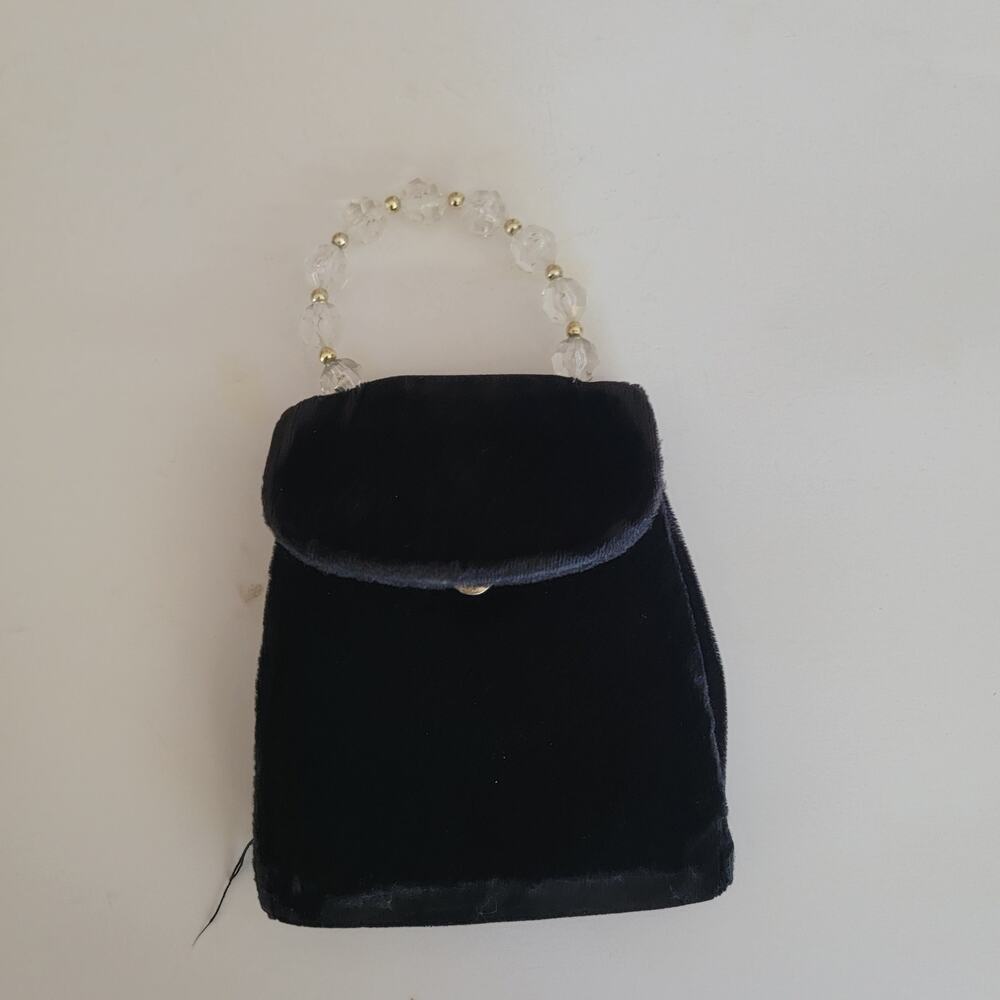 Vintage Black Velvet Mini Handbag Clear Beaded Handle Snap Closure “STAR” Snap